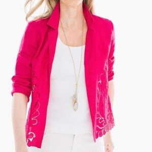 Soft Blazer Jacket Chicos 100% Cotton Novelty Cutouts In Raspberry Pink size 0